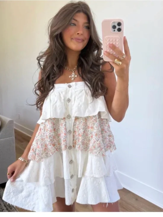 POL White Tiered Mini Dress with Pastel Floral Panels - Picture 1 of 4
